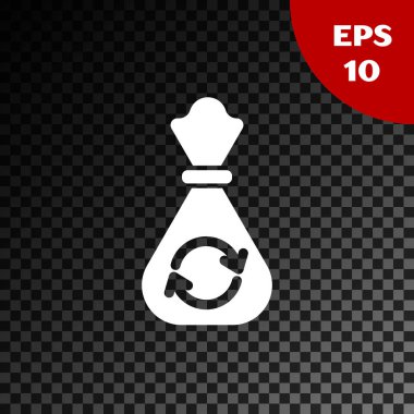 Geri dönüşüm sembolü simgesi olan beyaz çöp torbası şeffaf karanlık arka planda izole edilmiş. Çöp kutusu simgesi. Geri dönüşüm sepeti işareti. Vektör İllüstrasyonu