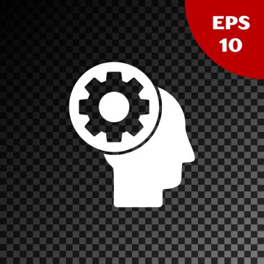 Şeffaf koyu arka plan üzerinde izole simgesi içinde dişli ile Beyaz İnsan kafası. Yapay zeka. Beyin işaretini düşünmek. Beynin sembol çalışması. Vektör İllüstrasyonu