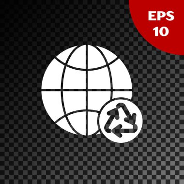 White Planet dünya ve şeffaf karanlık arka plan üzerinde izole bir geri dönüşüm simgesi. Çevre kavramı. Vektör İllüstrasyonu