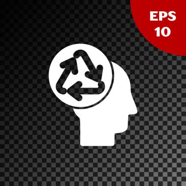 Geri dönüşüm simgesine sahip beyaz insan kafası şeffaf karanlık arka planda izole edilmiş. Geri dönüşüm düşüncesi. Ekoloji dostu. Vektör İllüstrasyonu