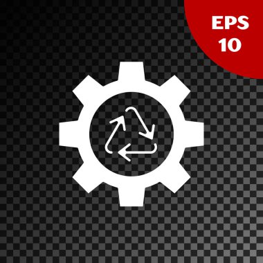 Beyaz Geri Dönüşüm sembolü ve vites simgesi şeffaf koyu arkaplanda izole edilmiş. Dairesel ok simgesi. Çevre geri dönüşümü yeşile döner. Vektör İllüstrasyonu