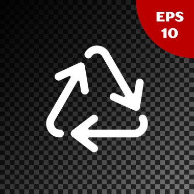 Saydam koyu arka planda yalıtılmış Beyaz Geri Dönüşüm simgesi simgesi. Dairesel ok simgesi. Çevre geri dönüştürülebilir yeşil gidin. Vektör İllüstrasyonu