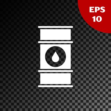 Beyaz yağ fıçısı simgesi, şeffaf koyu arkaplanda izole edilmiş. Yağ bidonu. Bilgi grafikleri, yakıt, endüstri, güç, ekoloji için. Vektör İllüstrasyonu