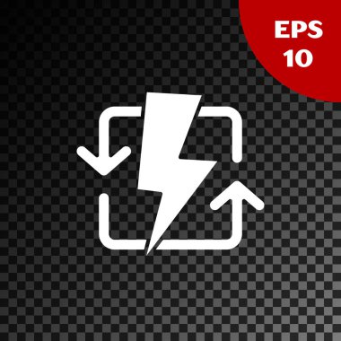 Şeffaf koyu arkaplanda beyaz şarj simgesi izole edildi. Elektrik enerjisi işareti. Vektör İllüstrasyonu