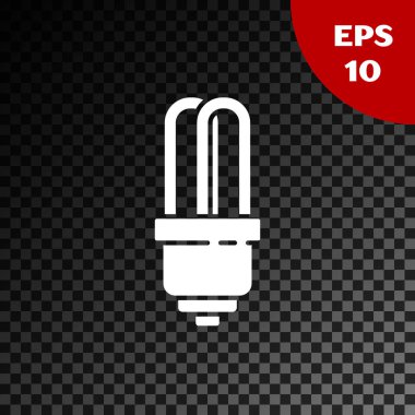 Beyaz Led ampul simgesi, şeffaf koyu arkaplanda izole edildi. Ekonomik Liderlik Ampulü. Enerji lambasını sakla. Vektör İllüstrasyonu