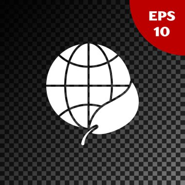 Beyaz Dünya küresi ve yaprak simgesi şeffaf koyu arka plan üzerinde izole. Dünya veya Dünya işareti. Geometrik şekiller. Çevre kavramı. Vektör İllüstrasyonu