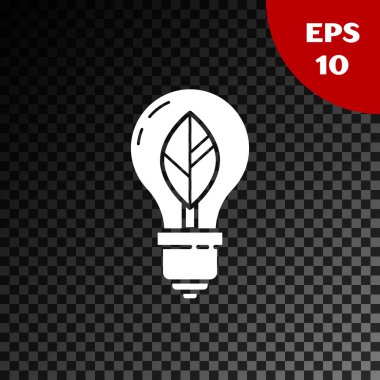 Şeffaf koyu arkaplanda yaprak simgesi olan beyaz ampul. Çevre enerjisi kavramı. Alternatif enerji kavramı. Vektör İllüstrasyonu