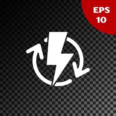 Şeffaf koyu arkaplanda beyaz şarj simgesi izole edildi. Elektrik enerjisi işareti. Vektör İllüstrasyonu
