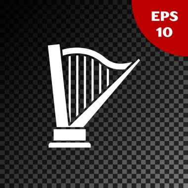 Beyaz Harp simgesi, şeffaf koyu arkaplanda izole edildi. Klasik müzik enstrümanı, orkestra akustik elementi. Vektör İllüstrasyonu