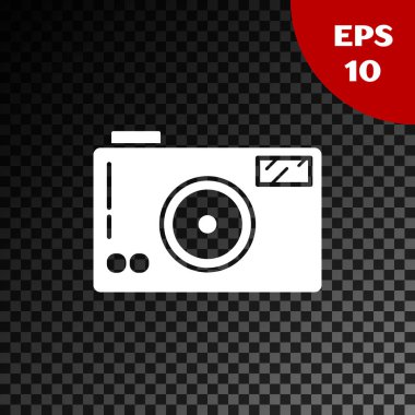 Beyaz fotoğraf kamera simgesi şeffaf koyu arka planda izole. Foto kamera simgesi. Vektör Illustration