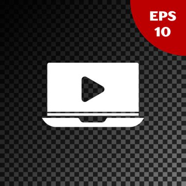 Beyaz Online video oynatma simgesi şeffaf koyu arkaplanda izole edildi. Dizüstü bilgisayar ve oyun işaretli film şeridi. Vektör İllüstrasyonu