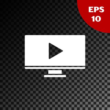 Beyaz Online video oynatma simgesi şeffaf koyu arkaplanda izole edildi. Bilgisayar monitörü ve oyun işaretli film şeridi. Vektör İllüstrasyonu