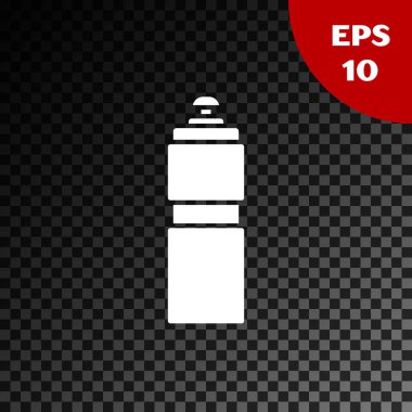 Beyaz Fitness Titreşim simgesi, şeffaf koyu arkaplanda izole edilmiş. Su ve protein kokteylleri için kapaklı spor karıştırıcı şişesi. Vektör İllüstrasyonu