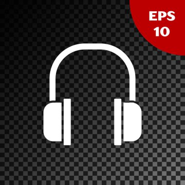 Beyaz kulaklık simgesi, saydam koyu arkaplanda izole edilmiş. Kulaklık işareti. Müzik, hizmet, iletişim ve operatör konsepti. Vektör İllüstrasyonu