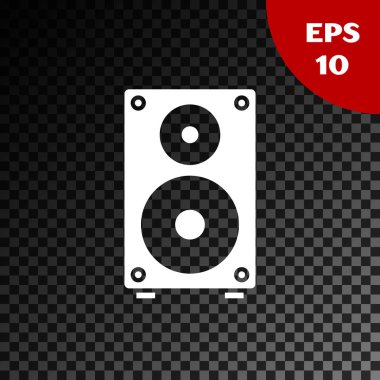 Beyaz Stereo hoparlör simgesi şeffaf koyu arkaplanda izole edildi. Ses sistemi hoparlörleri. Müzik ikonu. Müzikal sütun hoparlörü. Vektör İllüstrasyonu