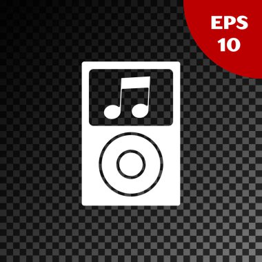 Beyaz Müzik Çalar simgesi, şeffaf koyu arkaplanda izole edildi. Taşınabilir müzik cihazı. Vektör İllüstrasyonu