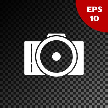 Beyaz fotoğraf kamera simgesi şeffaf koyu arka planda izole. Foto kamera simgesi. Vektör Illustration