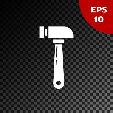 Beyaz Çekiç simgesi, şeffaf koyu arkaplanda izole edildi. Tamir için bir araç. Vektör İllüstrasyonu