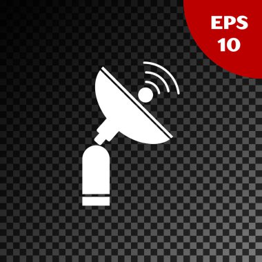 Beyaz Radar simgesi şeffaf koyu arkaplanda izole edildi. Arama sistemi. Uydu sinyali. Vektör İllüstrasyonu