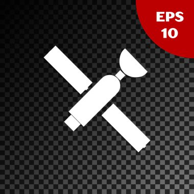 Beyaz uydu simgesi, şeffaf koyu arkaplanda izole edildi. Vektör İllüstrasyonu