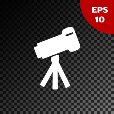 Beyaz Teleskop simgesi, şeffaf koyu arkaplanda izole edildi. Bilimsel bir alet. Eğitim ve astronomi elementi, dürbün ve çalışma yıldızları. Vektör İllüstrasyonu