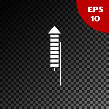 Beyaz Havai Fişek roket simgesi şeffaf koyu arka plan üzerinde izole. Eğlenceli parti kavramı. Patlayıcı piroteknik sembol. Vektör İllüstrasyonu