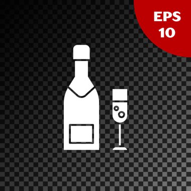 Beyaz şampanya şişesi ve şeffaf koyu arkaplanda izole edilmiş bir bardak şampanya ikonu. Mutlu Noeller ve mutlu yıllar. Vektör İllüstrasyonu