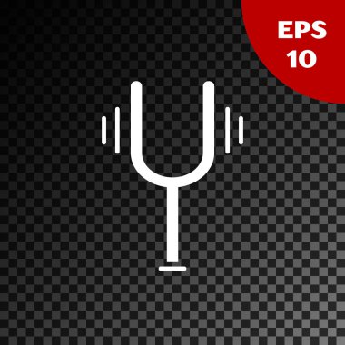 Müzik aletlerinin ayarlanması için beyaz müzik ayarlama çatalı simgesi şeffaf karanlık arkaplanda izole edilmiş. Vektör İllüstrasyonu