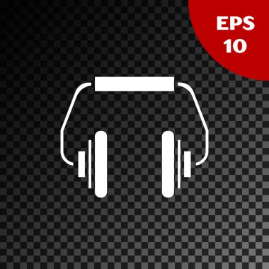 Beyaz kulaklık simgesi, saydam koyu arkaplanda izole edilmiş. Kulaklıklar. Müzik, hizmet, iletişim ve operatör konsepti. Vektör İllüstrasyonu