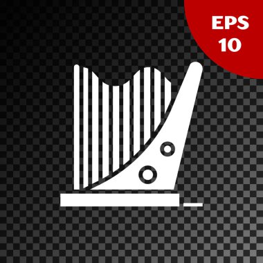 Beyaz Harp simgesi, şeffaf koyu arkaplanda izole edildi. Klasik müzik enstrümanı, orkestra akustik elementi. Vektör İllüstrasyonu