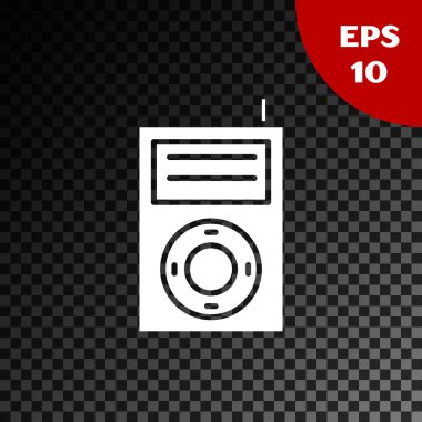 Beyaz Müzik Mp3 oynatıcı simgesi şeffaf koyu arkaplanda izole edildi. Taşınabilir müzik cihazı. Vektör İllüstrasyonu