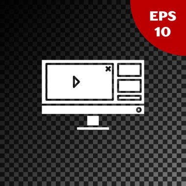 White Video recorder or editor software on computer monitor icon isolated on transparent dark background.  Vector Illustration