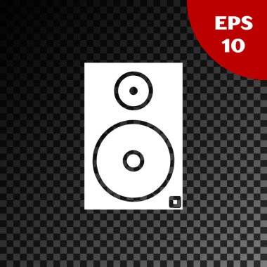 Beyaz Stereo hoparlör simgesi şeffaf koyu arkaplanda izole edildi. Ses sistemi hoparlörleri. Müzik ikonu. Müzikal sütun hoparlörü. Vektör İllüstrasyonu