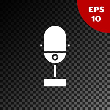 Beyaz Mikrofon simgesi şeffaf koyu arkaplanda izole edildi. Radyodaki mikrofondan. Sözcü işareti. Vektör İllüstrasyonu
