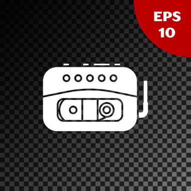 Beyaz Müzik Teybi simgesi şeffaf koyu arkaplanda izole edildi. Taşınabilir müzik cihazı. Vektör İllüstrasyonu