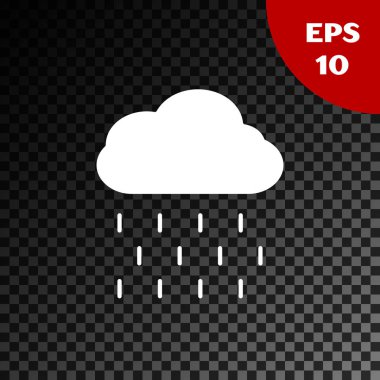 Şeffaf koyu arkaplanda izole edilmiş yağmur ikonu olan beyaz bulut. Yağmur damlaları ile yağmur bulutu yağışı. Vektör İllüstrasyonu