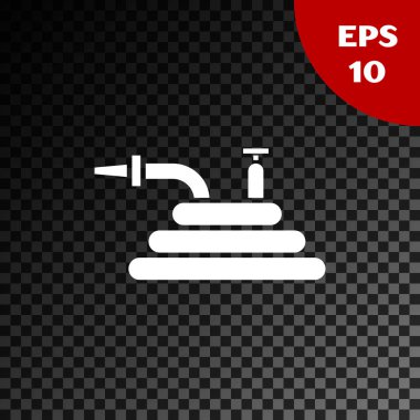 Beyaz Bahçe hortumu ya da yangın hortumu ikonu şeffaf karanlık arka planda izole edilmiş. Sprey tabanca ikonu. Su ekipmanları. Vektör İllüstrasyonu