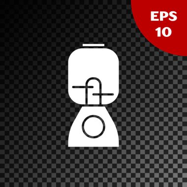 Beyaz karıştırıcı simgesi, şeffaf koyu arkaplanda izole edildi. Mutfak elektrikli kırıcı ve kase. Meyve suyu, kokteyl ya da meyve suyu. Vektör İllüstrasyonu