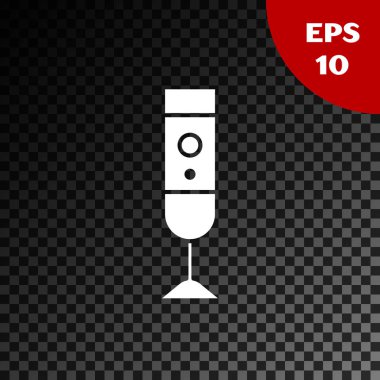 Beyaz karıştırıcı simgesi, şeffaf koyu arkaplanda izole edildi. Mutfak elektrikli kırıcı ve kase. Meyve suyu, kokteyl ya da meyve suyu. Vektör İllüstrasyonu