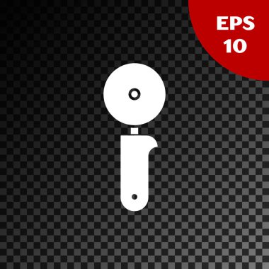 Beyaz Pizza bıçak ikonu, şeffaf koyu arkaplanda izole edilmiş. Pizza kesme tabelası. Çelik mutfak gereçleri. Vektör İllüstrasyonu