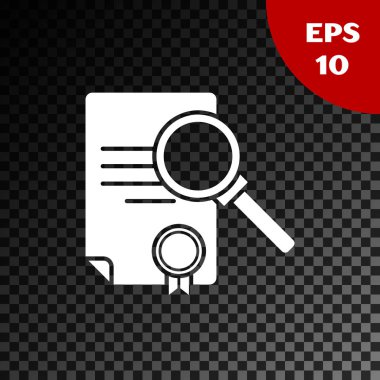 Şeffaf koyu arkaplanda arama simgesine sahip beyaz belge. Dosya ve büyüteç simgesi. Analitik araştırma işareti. Vektör İllüstrasyonu