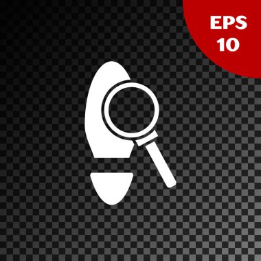 Saydam koyu arkaplanda izole edilmiş ayak izi simgesi olan beyaz büyüteç. Dedektif araştırıyor. Ayak izlerini takip etmek için. Vektör İllüstrasyonu