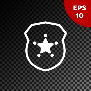 Beyaz Polis rozet simgesi, şeffaf karanlık arka planda izole edildi. Şerif rozeti. Vektör İllüstrasyonu
