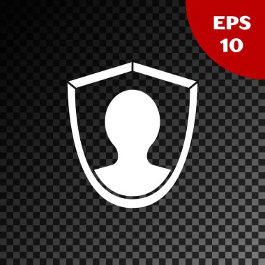 Beyaz Kullanıcı koruma simgesi şeffaf koyu arkaplanda izole edildi. Güvenli kullanıcı girişi, şifre koruması, kişisel veri koruması, kimlik doğrulaması. Vektör İllüstrasyonu