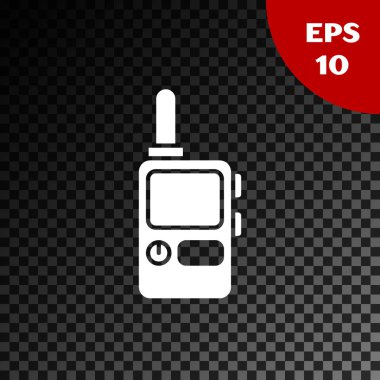 Beyaz Telsiz konuşma simgesi şeffaf koyu arkaplanda izole edildi. Taşınabilir radyo vericisi simgesi. Radyo alıcı-vericisi işareti. Vektör İllüstrasyonu