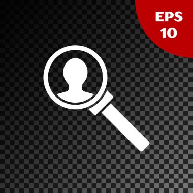 Arama simgesi için beyaz büyüteç şeffaf koyu arkaplanda izole edilmiş. İşe alım ya da seçim konsepti. Çalışanları ve işi ara. Vektör İllüstrasyonu