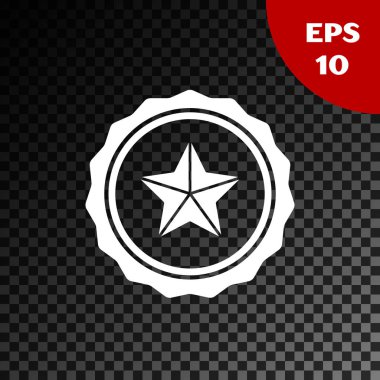 Beyaz Polis rozet simgesi, şeffaf karanlık arka planda izole edildi. Şerif rozeti. Vektör İllüstrasyonu