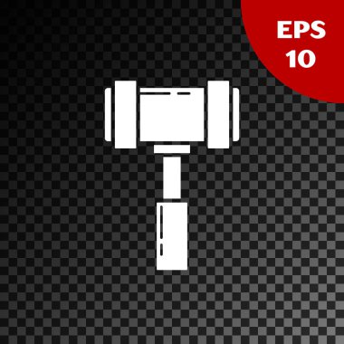 Beyaz Yargıç Tokmak simgesi, şeffaf karanlık arka planda izole edildi. Gavel cezaların, faturaların, mahkemenin, adaletin hükmünü verecek. Açık arttırma çekici. Vektör İllüstrasyonu