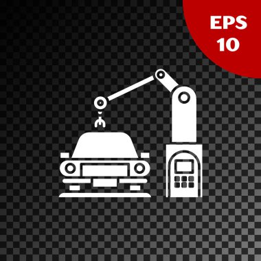 Beyaz Endüstriyel Robotik Robot Kol Kolu Araba Fabrikası ikonu Şeffaf karanlık arka planda izole. Endüstriyel otomobil üretimi. Vektör İllüstrasyonu