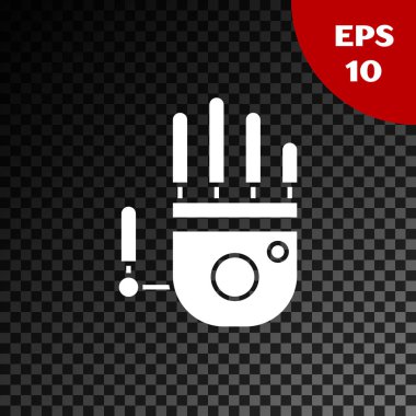 Beyaz Mekanik robot el simgesi, şeffaf koyu arkaplanda izole edilmiş. Robot kol sembolü. Teknolojik konsept. Vektör İllüstrasyonu